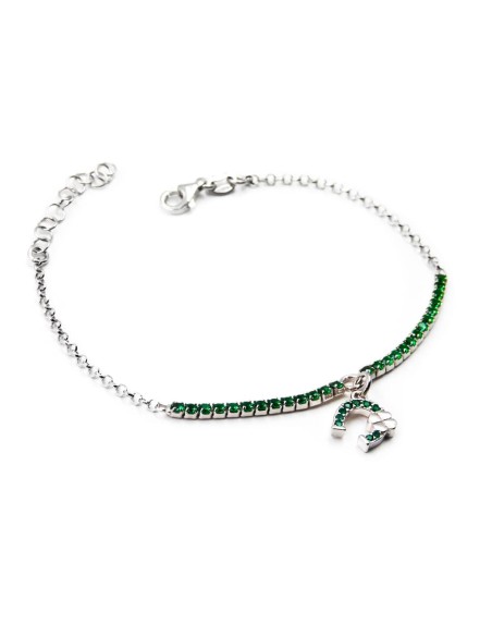 925 Sterling Silver Green Thin Tennis Bracelet with Horseshoe Pendant
