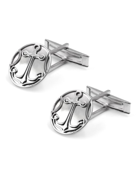 Runde Manschettenknöpfe mit Anker-Dekor aus 925er Sterlingsilber