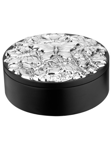 Scatola Portagioie Tonda in Legno con Cover in Argento 925 Decoro Farfalle