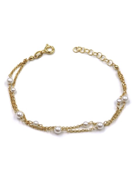 Bracciale Due Catene in Argento Placcato Oro con Perle