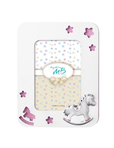 White and Pink Wooden Birth Photo Frame with Rocking Horse