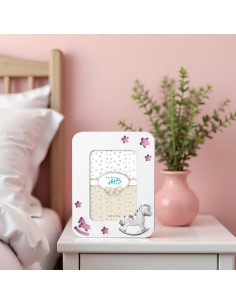 White and Pink Wooden Birth Photo Frame with Rocking Horse 2