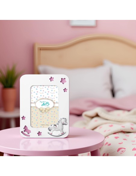 Cornice Portafoto Nascita in Legno Bianco e Rosa con Cavallo a Dondolo