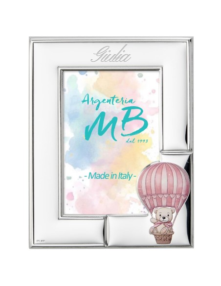 Baby Girl Birth Photo Frame with Teddy Bear on Hot Air Balloon 