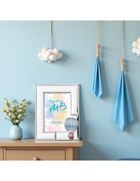 Baby Boy Birth Photo Frame with Teddy Bear on Hot Air Balloon 