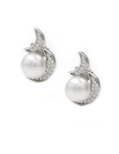 Orecchini Bottoncino Due Lune in Argento 925 con Perla