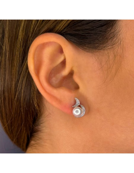 Sterling Silver Two Moons Stud Earrings with Pearl and Zircons