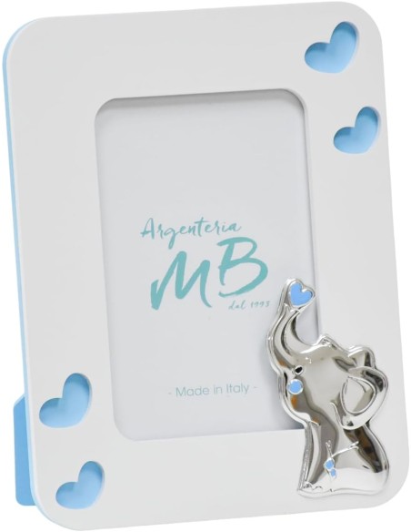 Bilderrahmen zur Geburt eines Babys aus Weißem und Blauem Holz mit Elefantenbaby