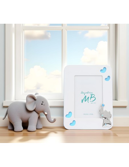Baby Boy Birth Photo Frame in White and Blue Wood with Silver Elephant
