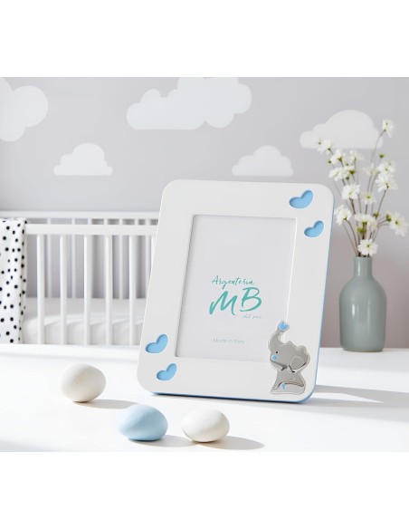 Baby Boy Birth Photo Frame in White and Blue Wood with Silver Elephant