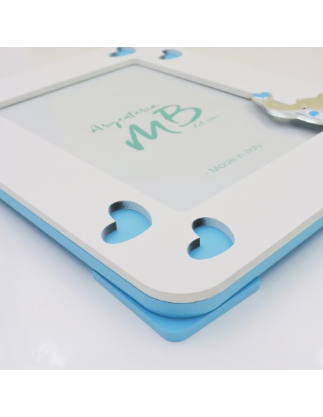 Cornice Portafoto Nascita Bambino in Legno Bianco e Azzurro con Elefantino
