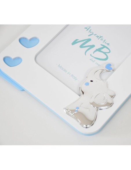 Baby Boy Birth Photo Frame in White and Blue Wood with Silver Elephant