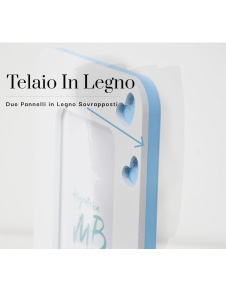 Cornice Portafoto Nascita Bambino in Legno Bianco e Azzurro con Elefantino