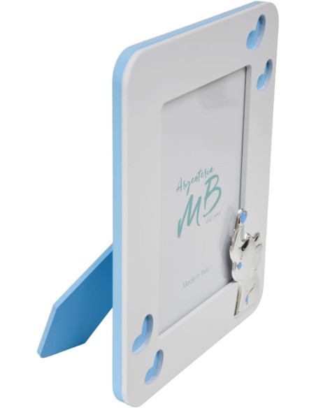 Cornice Portafoto Nascita Bambino in Legno Bianco e Azzurro con Elefantino