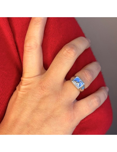 Enamelled Sterling Silver Vesuvius Rectangular Chevalier Ring