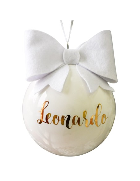 White Blown Glass Christmas Tree Ball Customizable with Golden Name