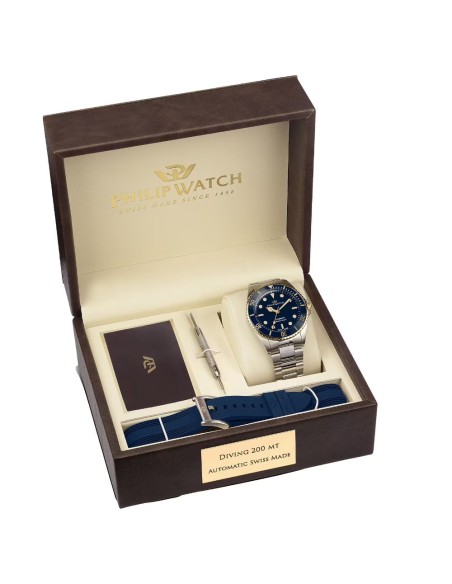 Philip Watch Men's Automatic Wristwatch Caribe Diving Blue Dial Gold Finishes R8223597031