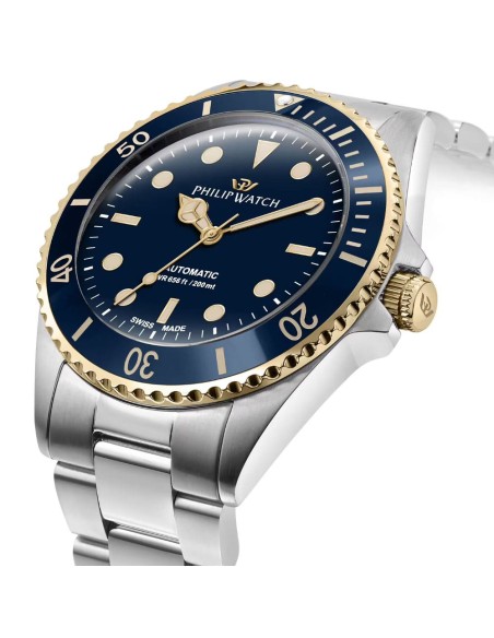Philip Watch Men's Automatic Wristwatch Caribe Diving Blue Dial Gold Finishes R8223597031