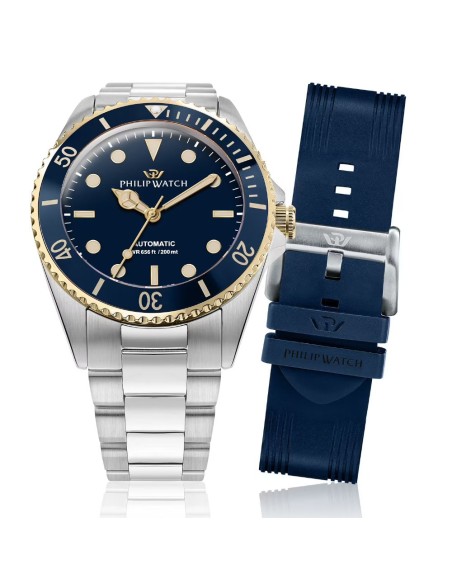 Philip Watch Herren Automatik-Armbanduhr Caribe Diving Blaue Zifferblatt Goldene Akzente R8223597031
