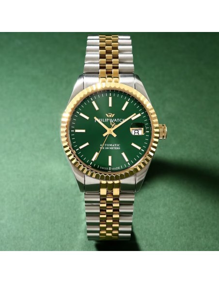 Philip Watch Herrenarmbanduhr Caribe Urban Automatik – Grünes Zifferblatt & Gold-Details R8223597115