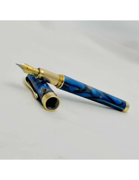 Penna Stilografica in Resina Blu e Argento Placcato Oro