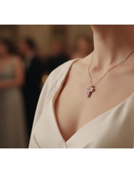 Sterling Silver Cross Pendant Necklace with Colored Zircons
