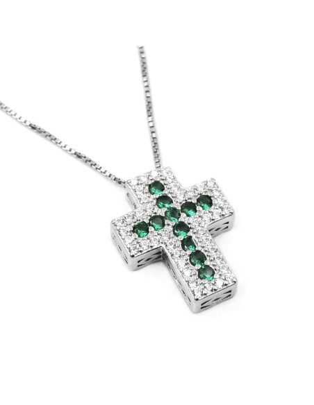 Sterling Silver Cross Pendant Necklace with Colored Zircons