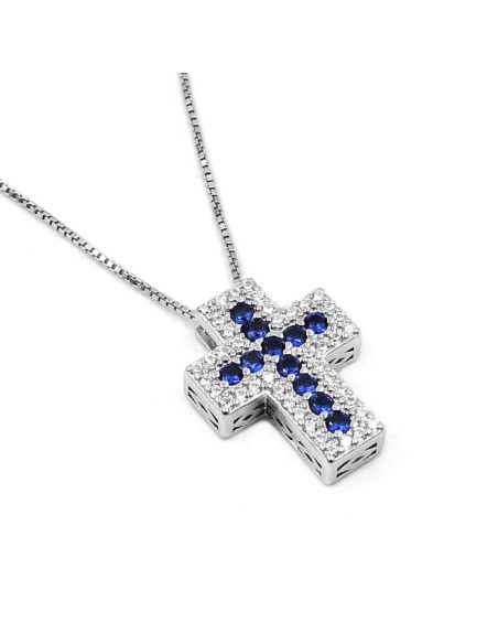 Sterling Silver Cross Pendant Necklace with Colored Zircons
