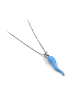Halskette mit Glückshorn-Anhänger aus Sterlingsilber und Blauer Emaille