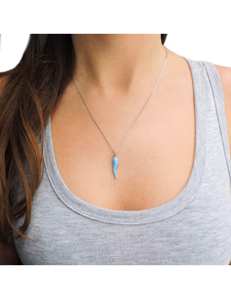  Silver Necklace with Light Blue Enamelled Lucky Horn Pendant 