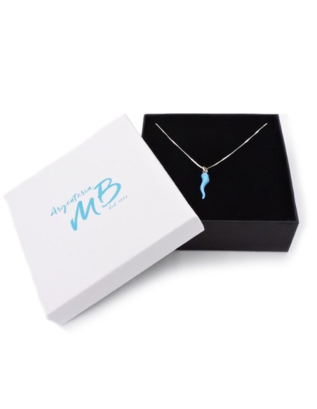 Collana con Ciondolo Corno Portafortuna in Argento Smaltato Azzurro