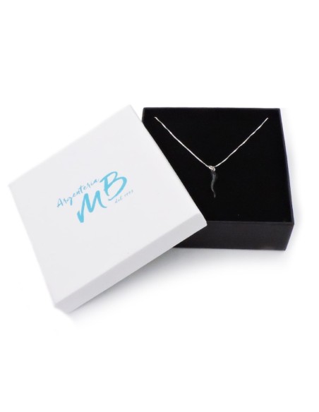Collana con Ciondolo Corno Portafortuna in Argento Smaltato Nero
