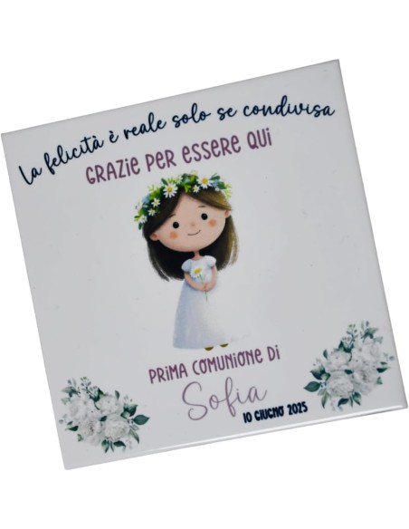 Bomboniera per la Prima Comunione Mattonella Personalizzata in Ceramica con Cavalletto in Legno