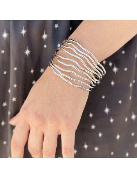 925 Sterling Silver Wavy Lines Rigid Bracelet 