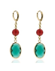 Dangle Earrings with Emerald Green Stone and Red Pearl