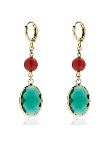 Lange Ohrringe mit Grünem Stein und Roter Perle Jaipur