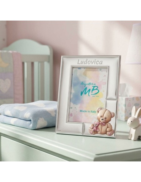 Personalisierbarer Geburtsfotorahmen mit Rosa Teddybär