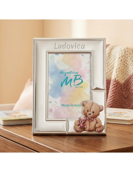 Cornice Nascita Portafoto Personalizzabile con Orsetto Peluche Rosa