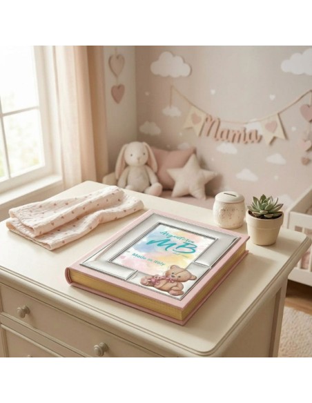 Customizable Pink Teddy Bear Birth Photo Album with Name Engraving