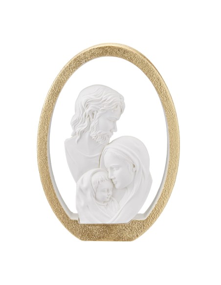 Heilige Familie-Skulptur aus Kunstharz mit Goldemailliertem Ovalem Rahmen