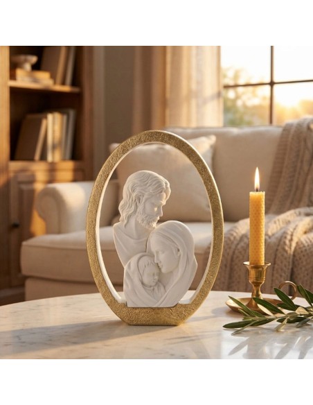 Holy Family Resin Sculpture with Gold Enamelled Oval Frame