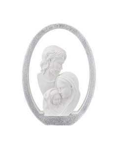 Holy Family Resin Sculpture with Silver Enamelled Oval Frame