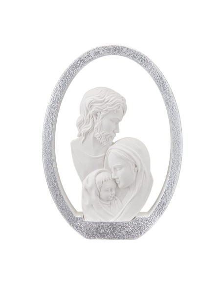 Scultura Sacra Famiglia in Resina Con Cornice Ovale Smaltata Argento
