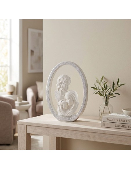 Holy Family Resin Sculpture with Silver Enamelled Oval Frame