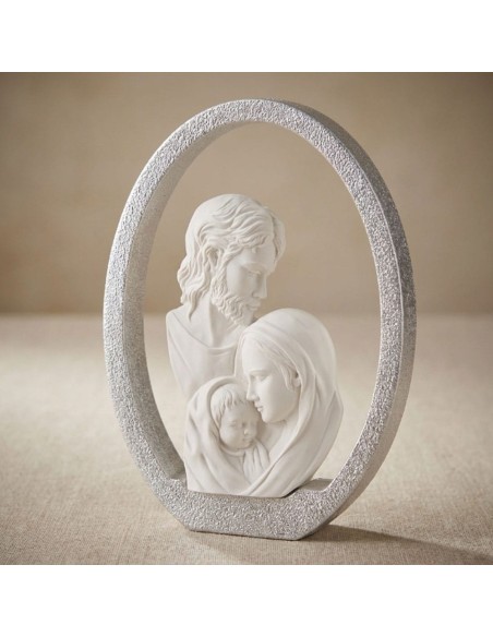 Scultura Sacra Famiglia in Resina Con Cornice Ovale Smaltata Argento