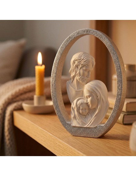 Holy Family Resin Sculpture with Silver Enamelled Oval Frame