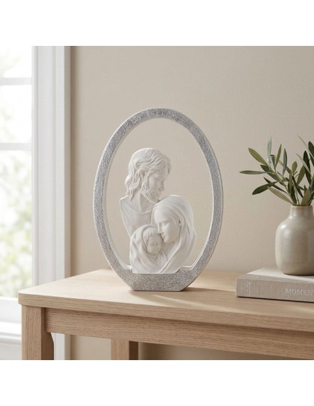 Holy Family Resin Sculpture with Silver Enamelled Oval Frame