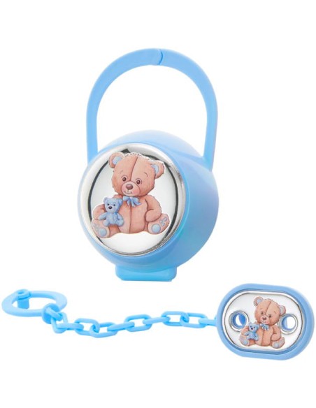 Schnullerclip-Brosche-Set mit blauer Schachtel und Teddybär