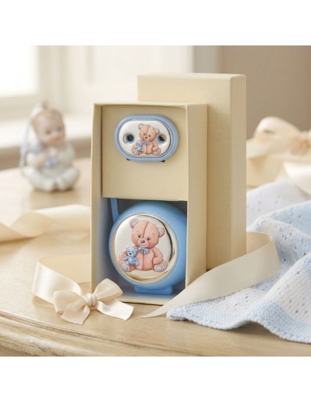 Set Spilla Porta Ciucciotto con Box Azzurro con Orsetto Peluche