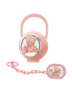 Set Spilla Porta Ciucciotto con Box Rosa con Orsetto Peluche